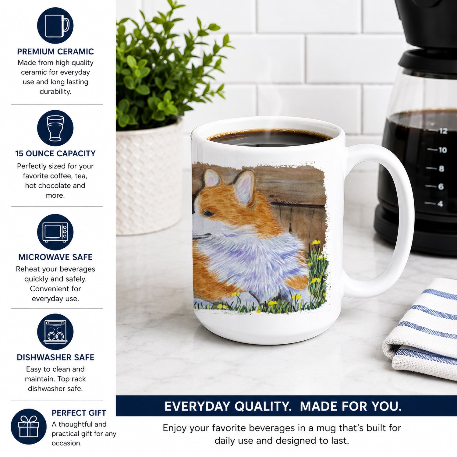 Corgi Ceramic Coffee Mug 15 oz Decorative Large C Handle Mug Cup for Tea, Cocoa Hot Chocolate