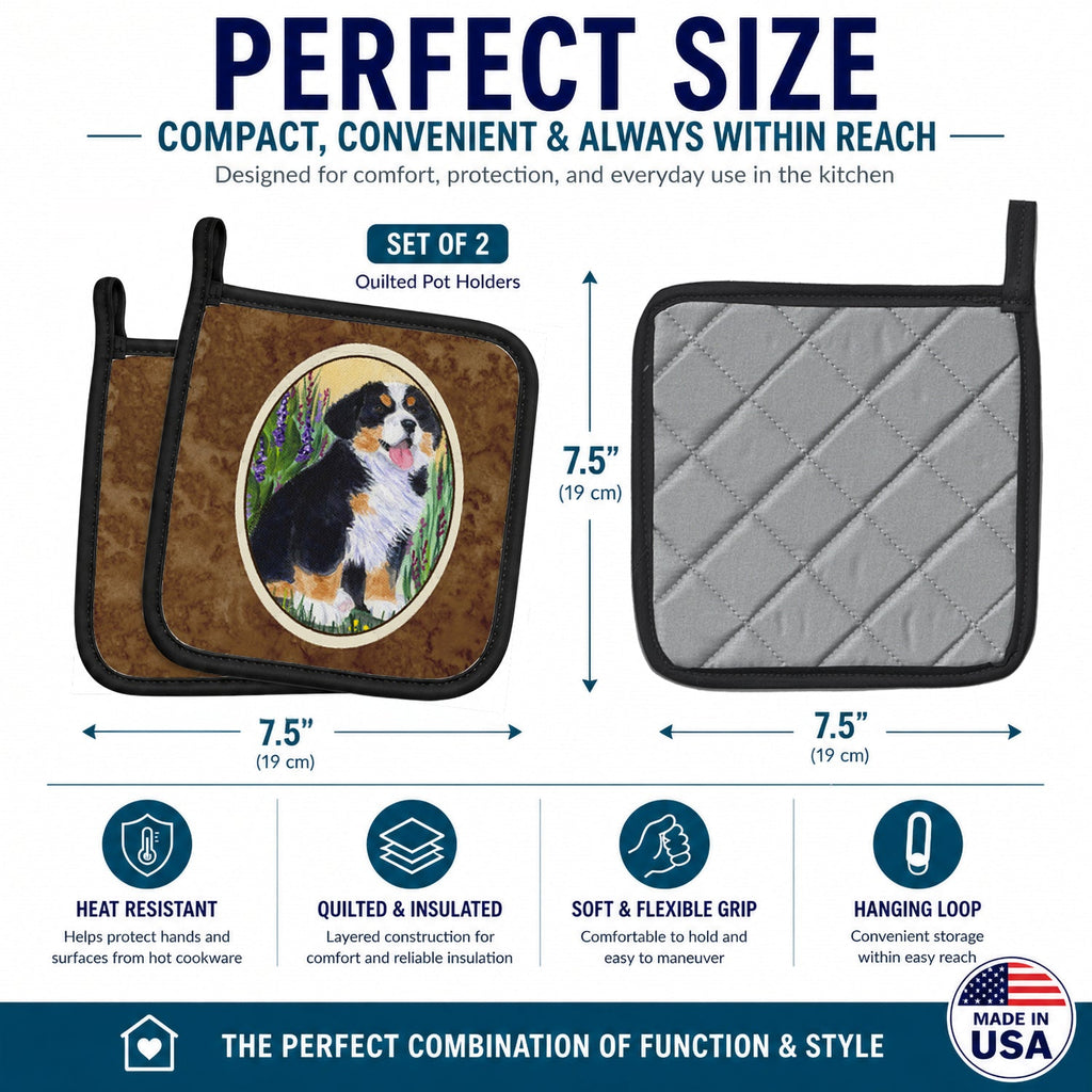 Bernese Mountain Dog Pot Holder Set of 2 Heat Resistant Quilted Hot Pads 7.5 x 7.5 Inch, Insulated Kitchen Trivets for Cooking & Baking