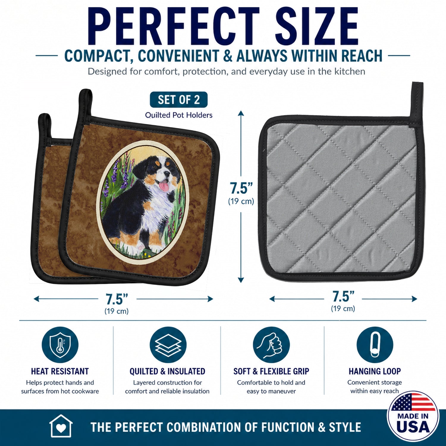 Bernese Mountain Dog Pot Holder Set of 2 Heat Resistant Quilted Hot Pads 7.5 x 7.5 Inch, Insulated Kitchen Trivets for Cooking & Baking