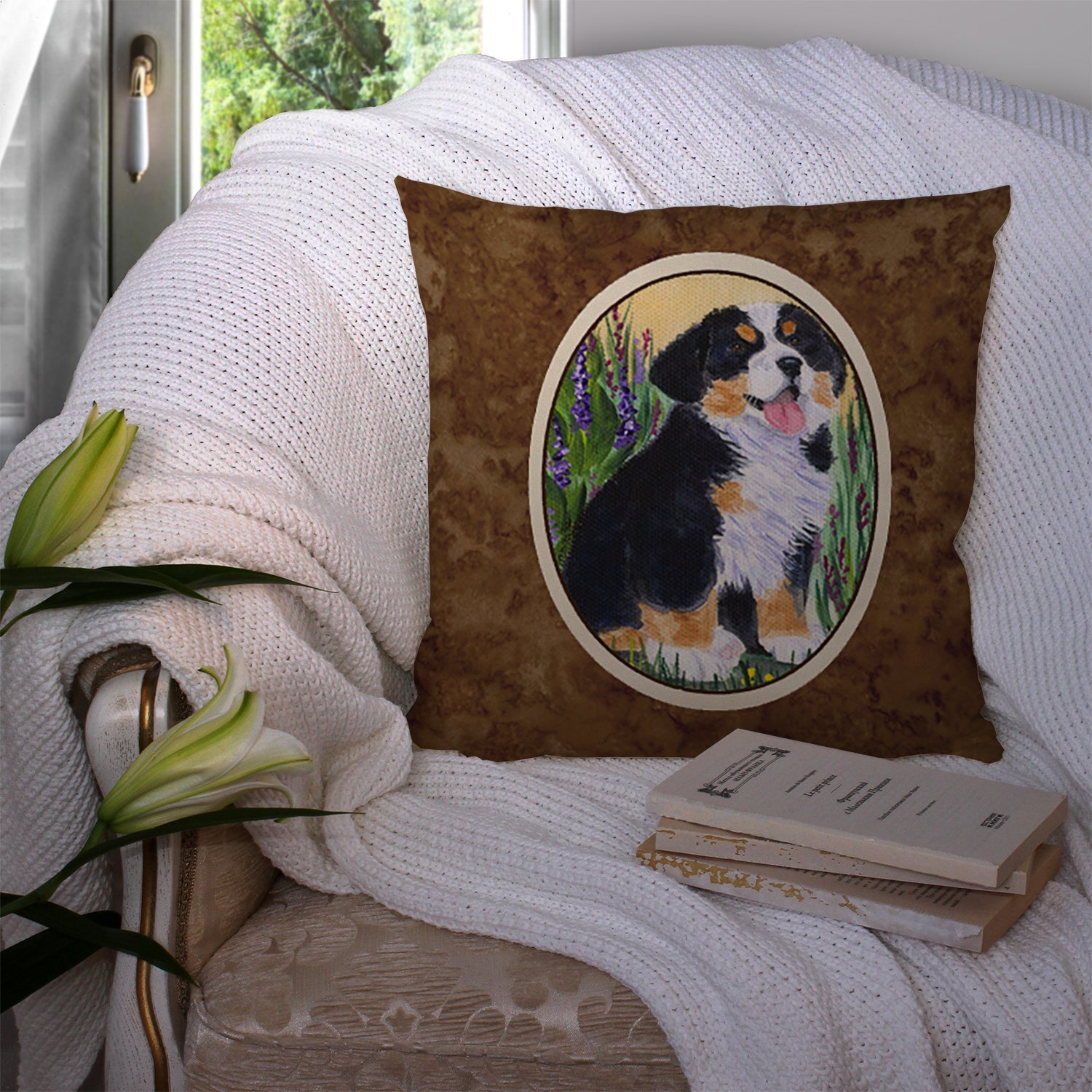 Bernese Mountain Dog Decorative Throw Pillow 14x14 Indoor Outdoor Accent Cushion, Fabric Cover with Insert for Sofa, Bed, Porch & Living Room