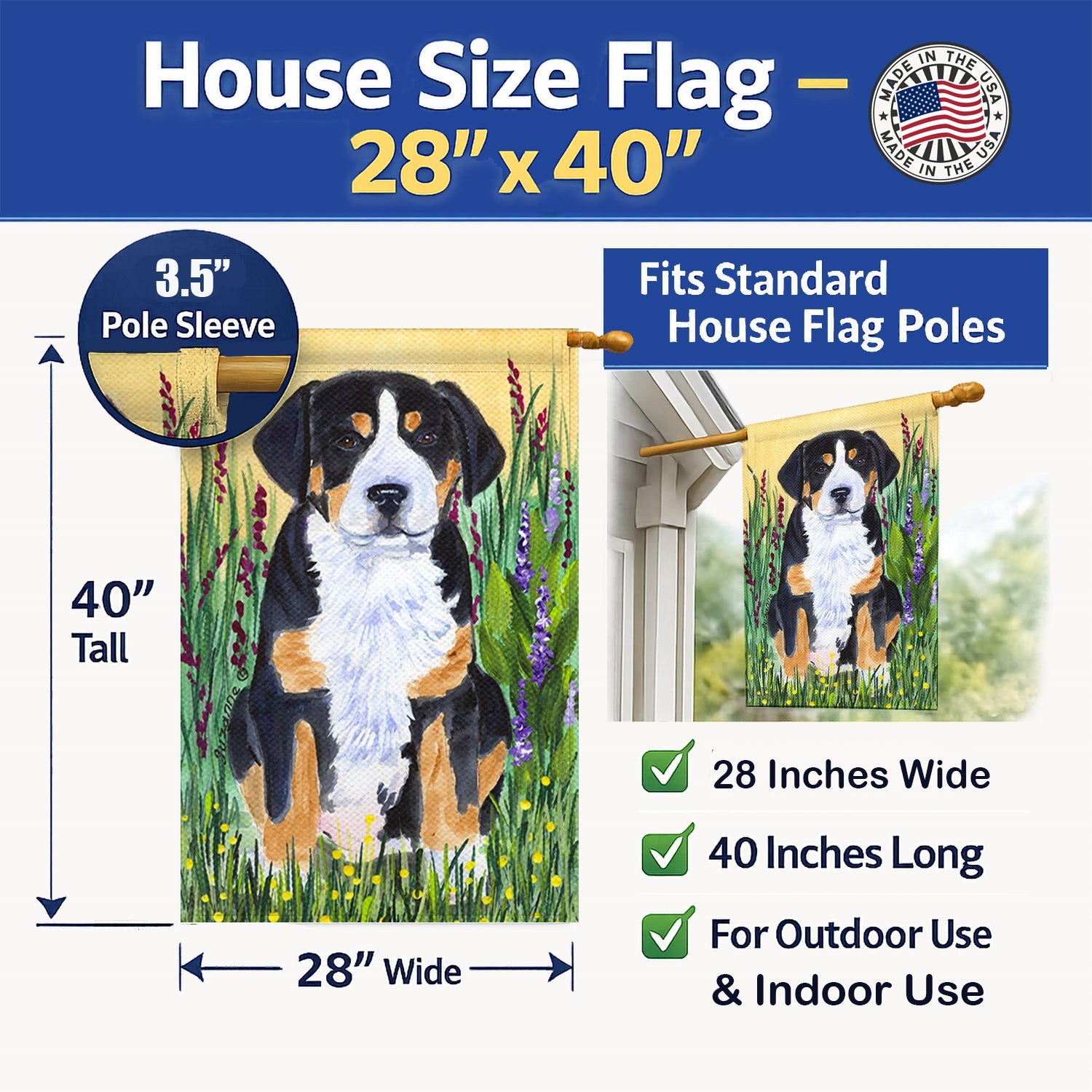 Greater Swiss Mountain Dog House Flag 28x40 Porch Sleeve Pole Decorative Outside Yard Banner Artwork Wall Hanging, Polyester