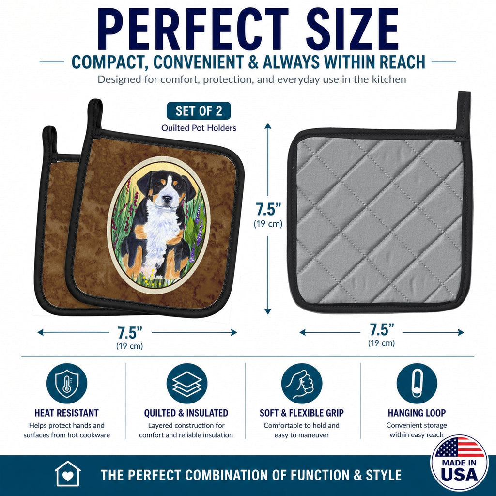 Greater Swiss Mountain Dog Pot Holder Set of 2 Heat Resistant Quilted Hot Pads 7.5 x 7.5 Inch, Insulated Kitchen Trivets for Cooking & Baking