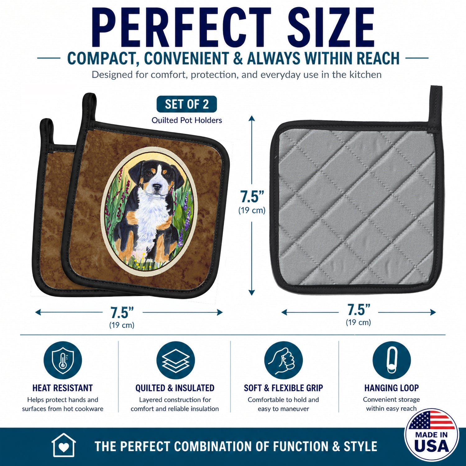 Greater Swiss Mountain Dog Pot Holder Set of 2 Heat Resistant Quilted Hot Pads 7.5 x 7.5 Inch, Insulated Kitchen Trivets for Cooking & Baking