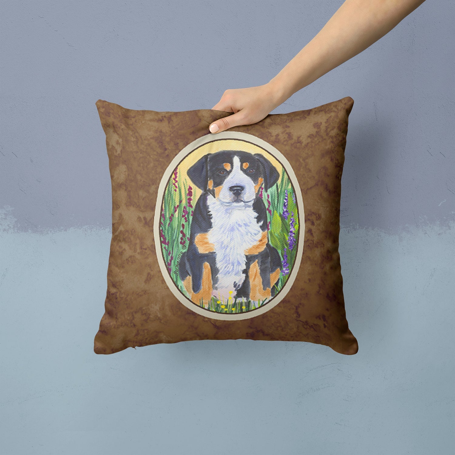 Greater Swiss Mountain Dog Decorative Throw Pillow 14x14 Indoor Outdoor Accent Cushion, Fabric Cover with Insert for Sofa, Bed, Porch & Living Room