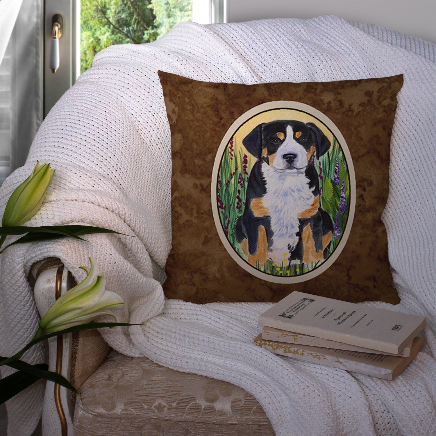Greater Swiss Mountain Dog Decorative Throw Pillow 14x14 Indoor Outdoor Accent Cushion, Fabric Cover with Insert for Sofa, Bed, Porch & Living Room