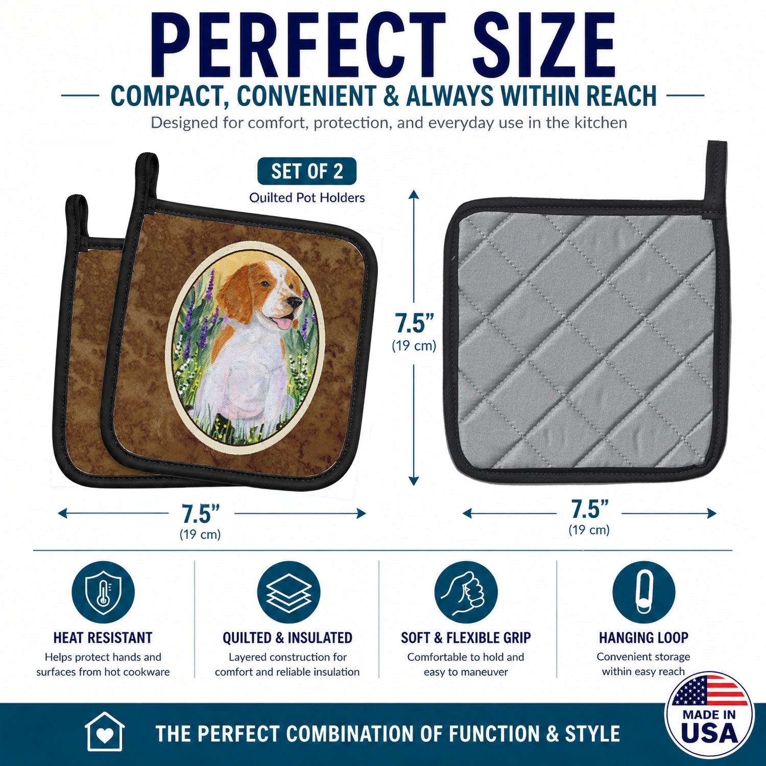 Welsh Springer Spaniel Pot Holder Set of 2 Heat Resistant Quilted Hot Pads 7.5 x 7.5 Inch, Insulated Kitchen Trivets for Cooking & Baking