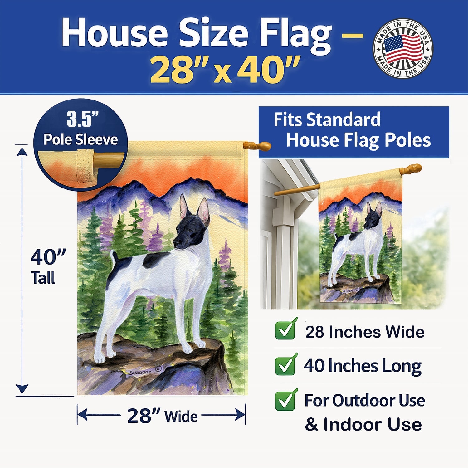 Rat Terrier House Flag 28x40 Porch Sleeve Pole Decorative Outside Yard Banner Artwork Wall Hanging, Polyester