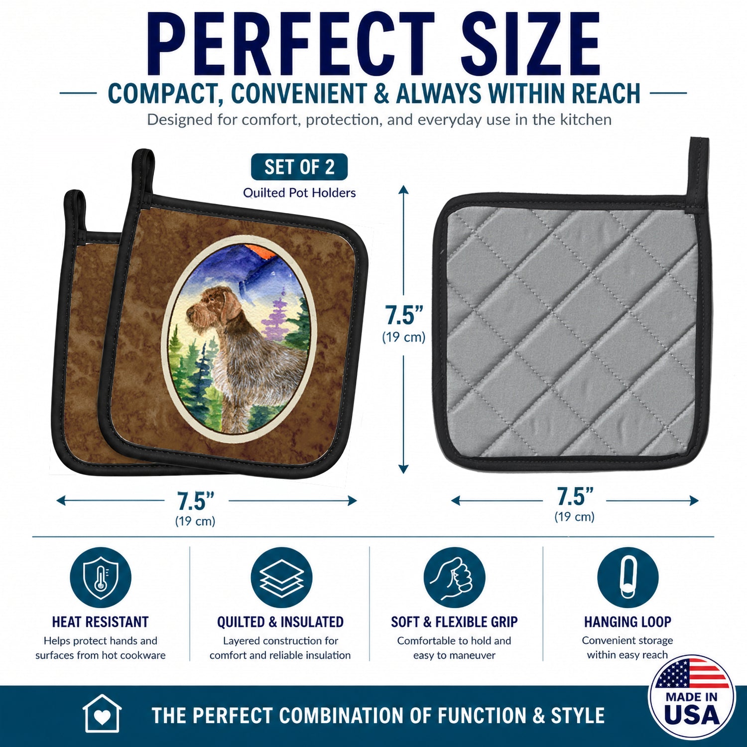 German Wirehaired Pointer Pot Holder Set of 2 Heat Resistant Quilted Hot Pads 7.5 x 7.5 Inch, Insulated Kitchen Trivets for Cooking & Baking