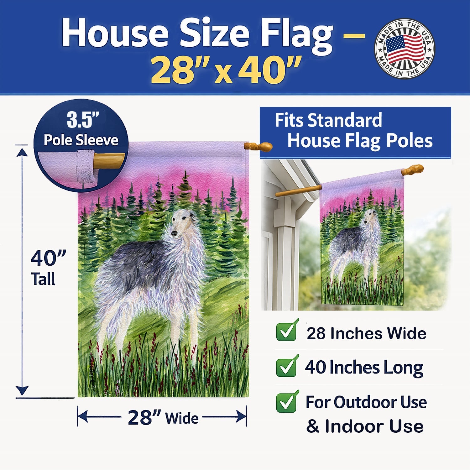 Borzoi House Flag 28x40 Porch Sleeve Pole Decorative Outside Yard Banner Artwork Wall Hanging, Polyester