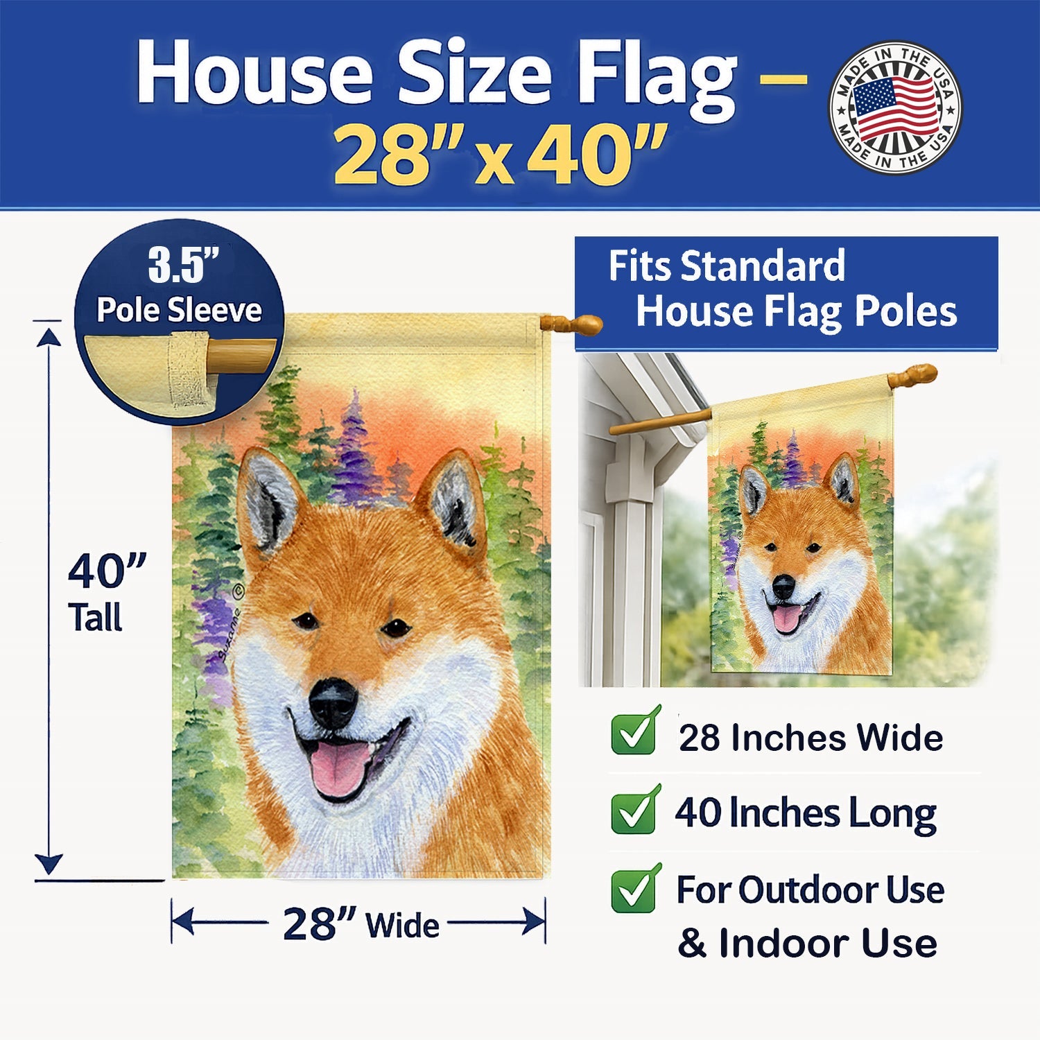 Shiba Inu House Flag 28x40 Porch Sleeve Pole Decorative Outside Yard Banner Artwork Wall Hanging, Polyester