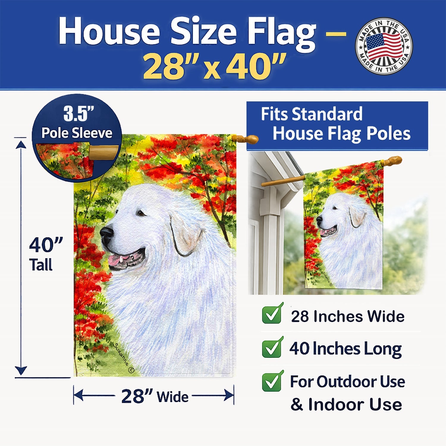 Great Pyrenees House Flag 28x40 Porch Sleeve Pole Decorative Outside Yard Banner Artwork Wall Hanging, Polyester