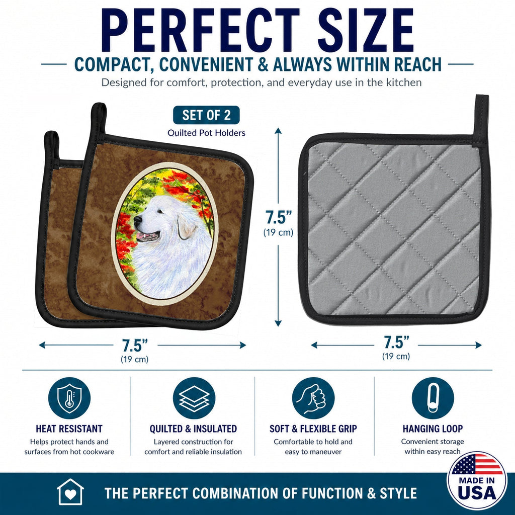Great Pyrenees Pot Holder Set of 2 Heat Resistant Quilted Hot Pads 7.5 x 7.5 Inch, Insulated Kitchen Trivets for Cooking & Baking
