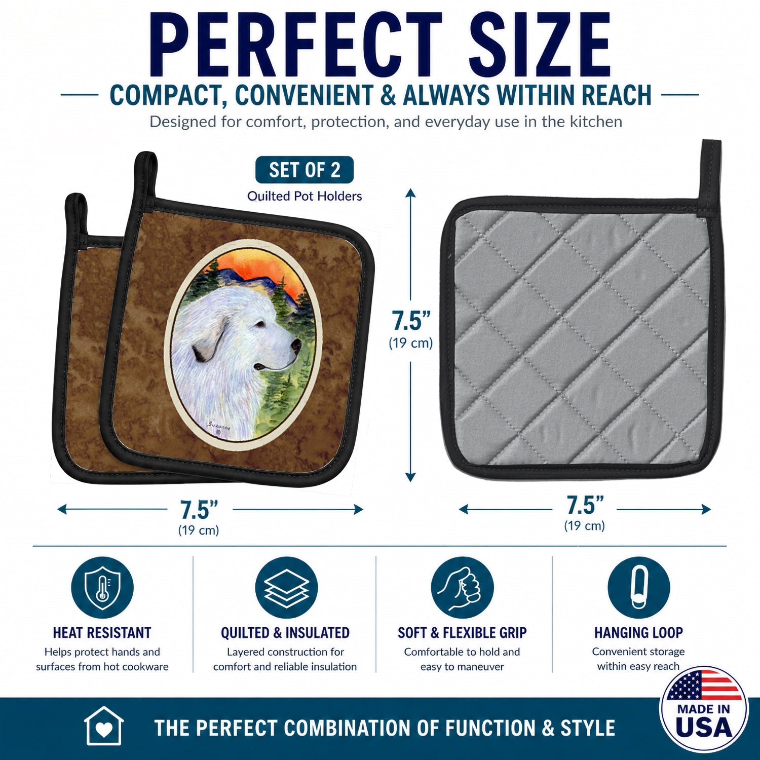 Great Pyrenees Pot Holder Set of 2 Heat Resistant Quilted Hot Pads 7.5 x 7.5 Inch, Insulated Kitchen Trivets for Cooking & Baking
