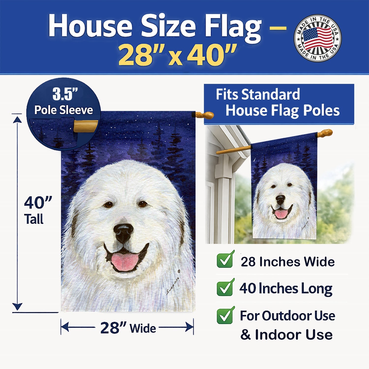 Great Pyrenees House Flag 28x40 Porch Sleeve Pole Decorative Outside Yard Banner Artwork Wall Hanging, Polyester