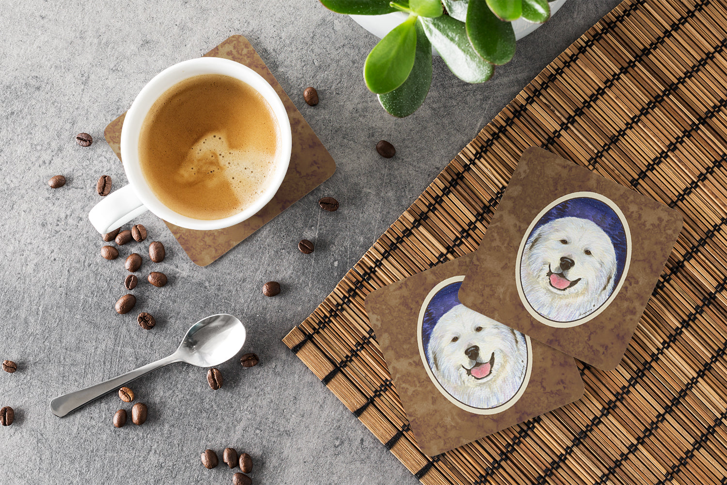 Great Pyrenees Foam Coasters Set of 4 Cup Coasters for Indoor Outdoor, Tabletop Protection, Anti Slip, Mouse pad Material
