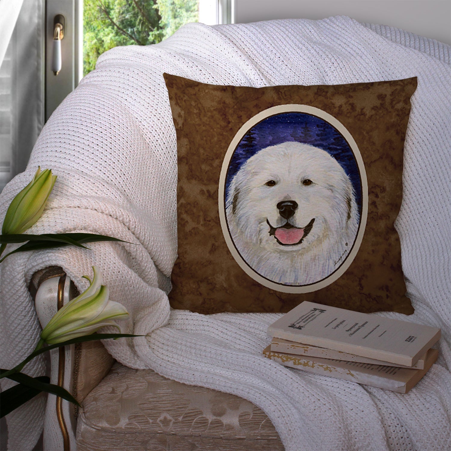 Great Pyrenees Decorative Throw Pillow 14x14 Indoor Outdoor Accent Cushion, Fabric Cover with Insert for Sofa, Bed, Porch & Living Room