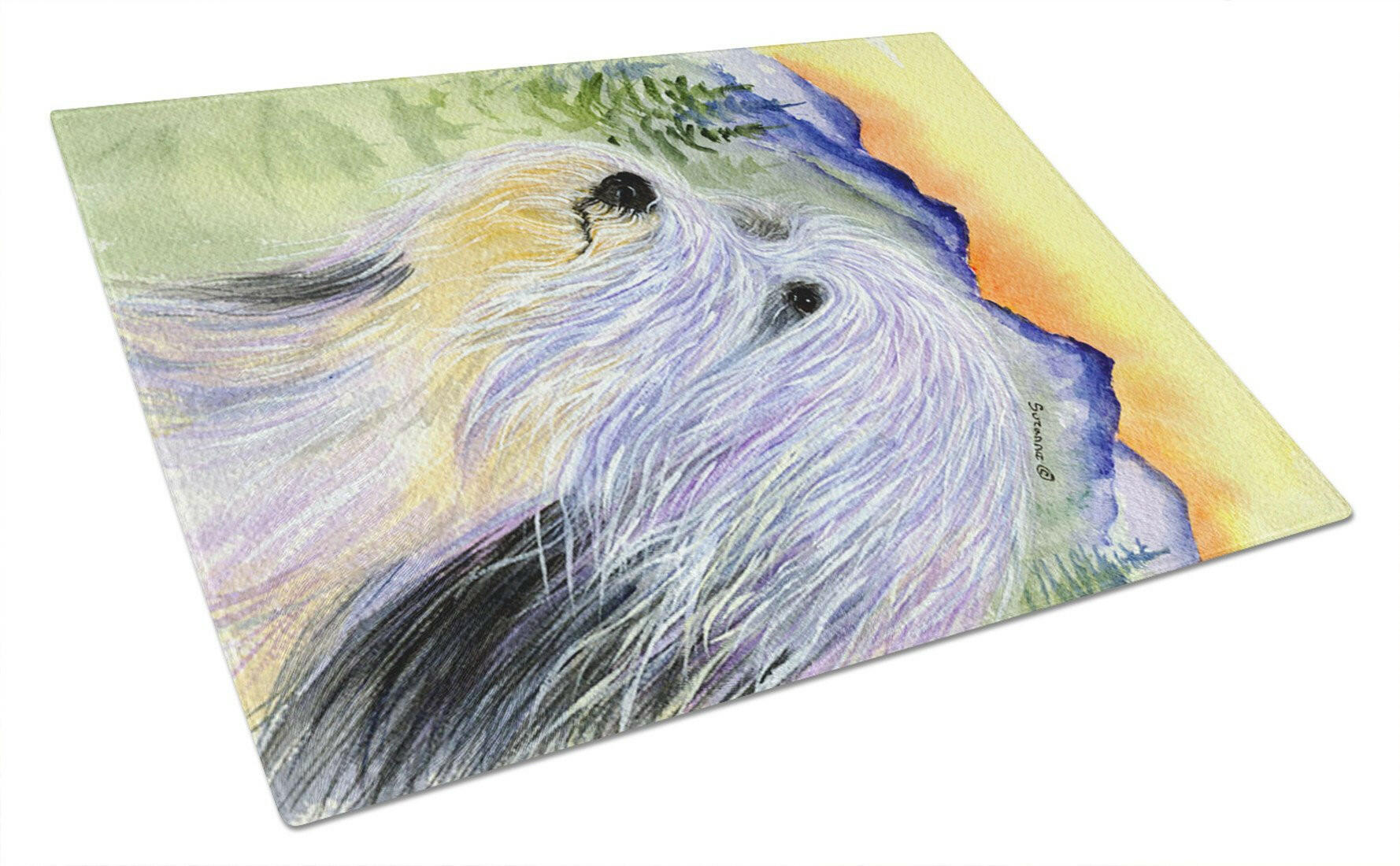 Bearded Collie Cutting Board Tempered Glass Kitchen Cutting Surface, Heat Resistant Chopping, Non-Slip Feet, Food Prep & Serving