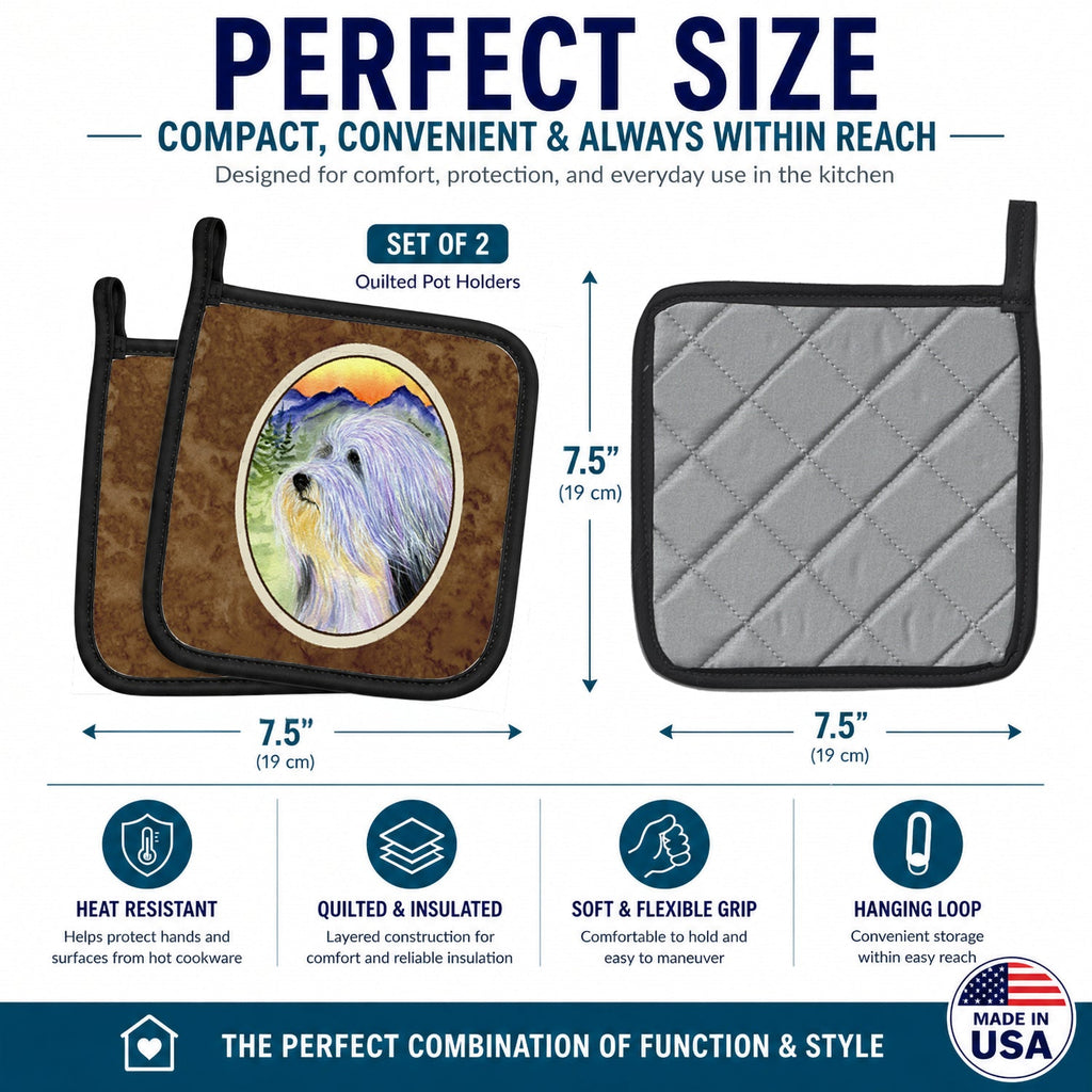 Bearded Collie Pot Holder Set of 2 Heat Resistant Quilted Hot Pads 7.5 x 7.5 Inch, Insulated Kitchen Trivets for Cooking & Baking