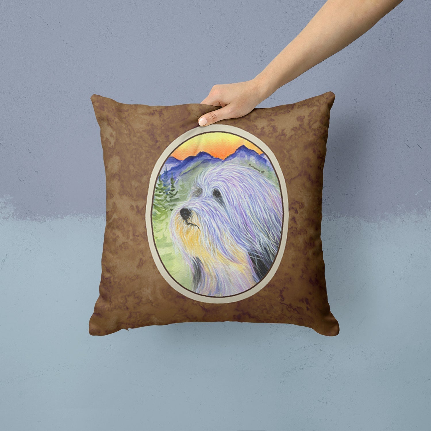Bearded Collie Decorative Throw Pillow 14x14 Indoor Outdoor Accent Cushion, Fabric Cover with Insert for Sofa, Bed, Porch & Living Room