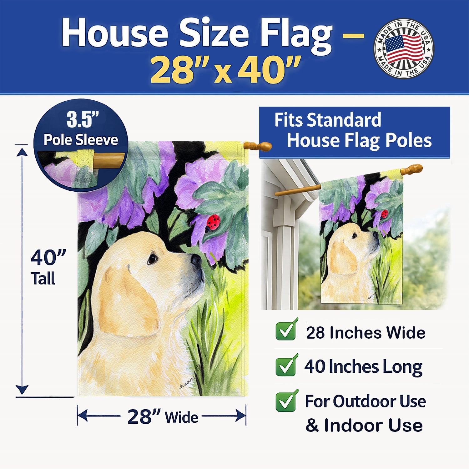 Golden Retriever House Flag 28x40 Porch Sleeve Pole Decorative Outside Yard Banner Artwork Wall Hanging, Polyester