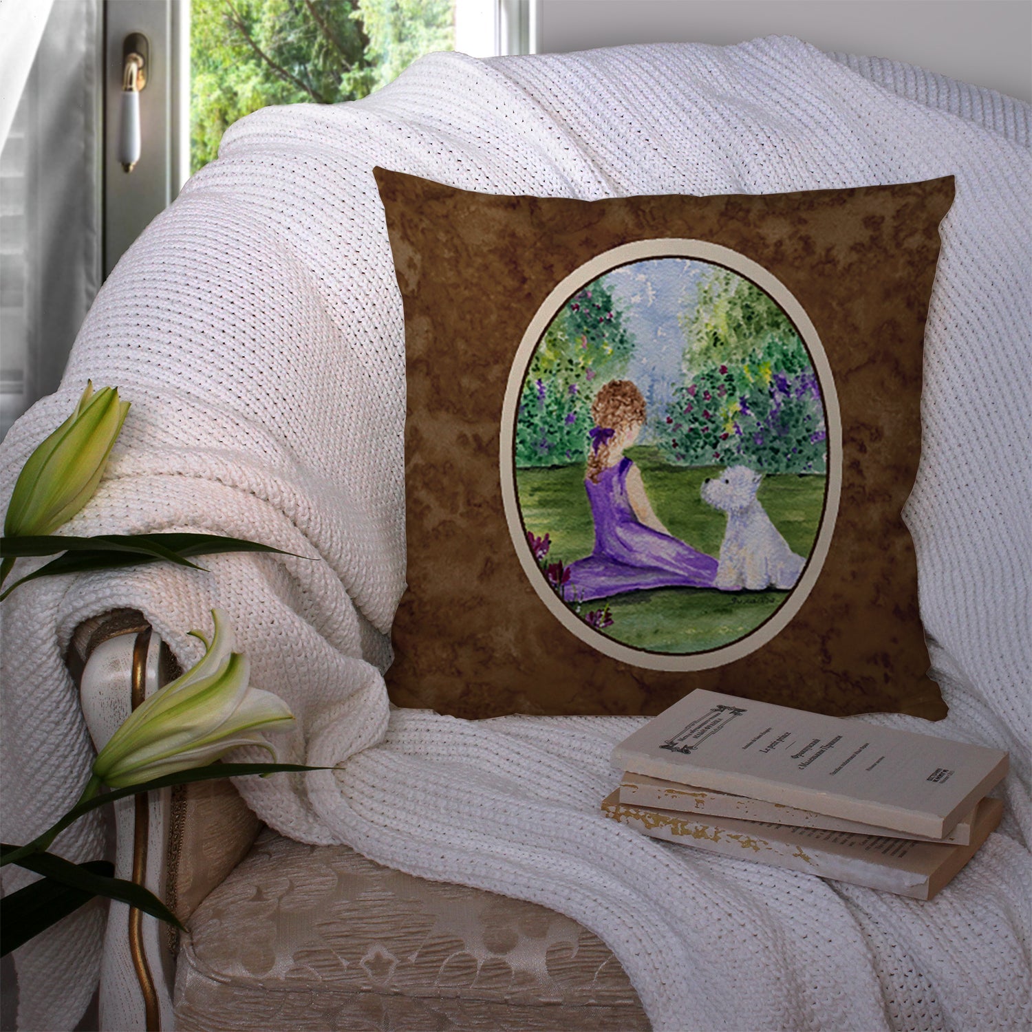 Westie Decorative Throw Pillow 14x14 Indoor Outdoor Accent Cushion, Fabric Cover with Insert for Sofa, Bed, Porch & Living Room