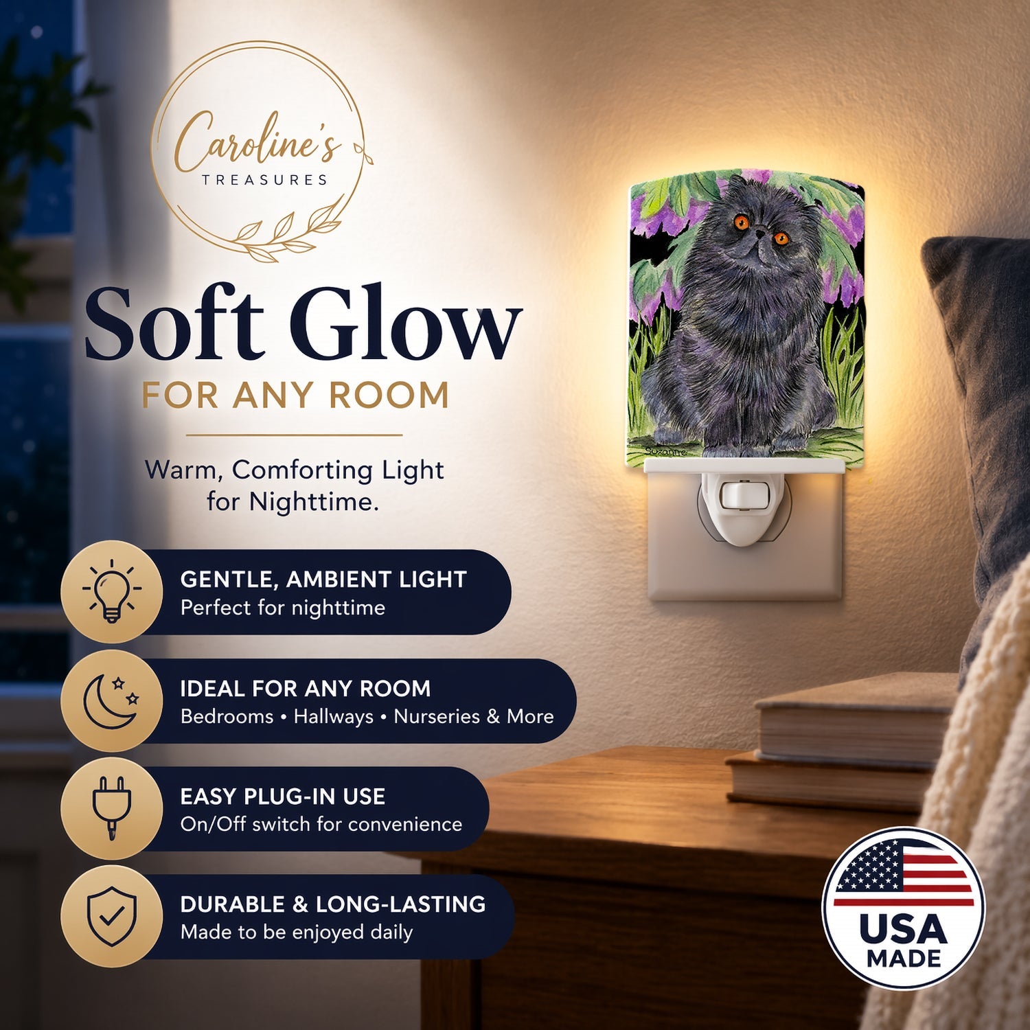 Cat - Persian Ceramic Night Light Compact, UL-Certified, Ideal for Bedroom, Bathroom, Nursery, Hallway, Kitchen, 6x4x3, Multicolor