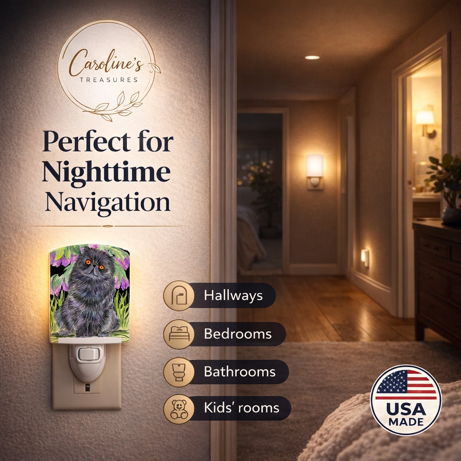 Cat - Persian Ceramic Night Light Compact, UL-Certified, Ideal for Bedroom, Bathroom, Nursery, Hallway, Kitchen, 6x4x3, Multicolor