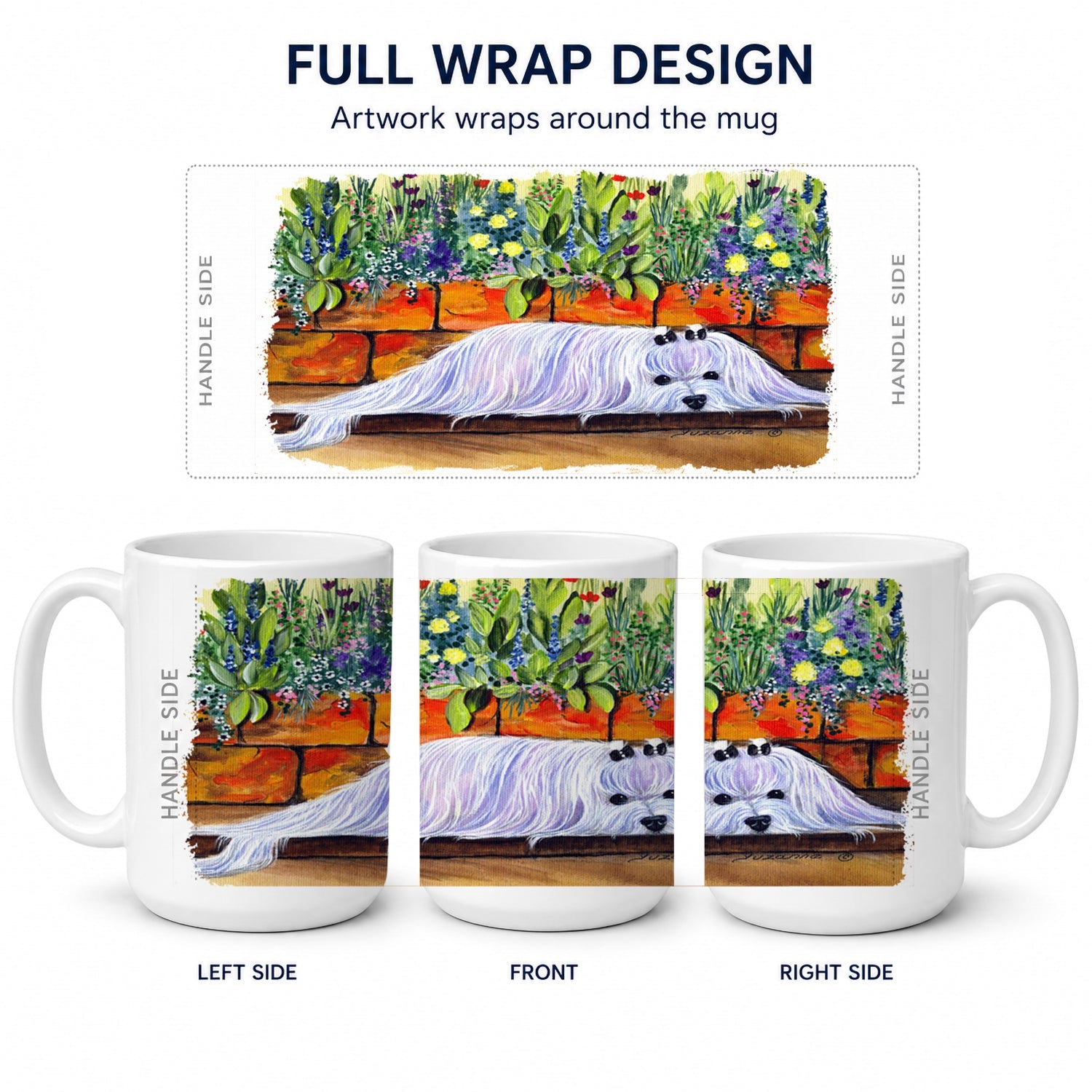 Maltese Ceramic Coffee Mug 15 oz Decorative Large C Handle Mug Cup for Tea, Cocoa Hot Chocolate