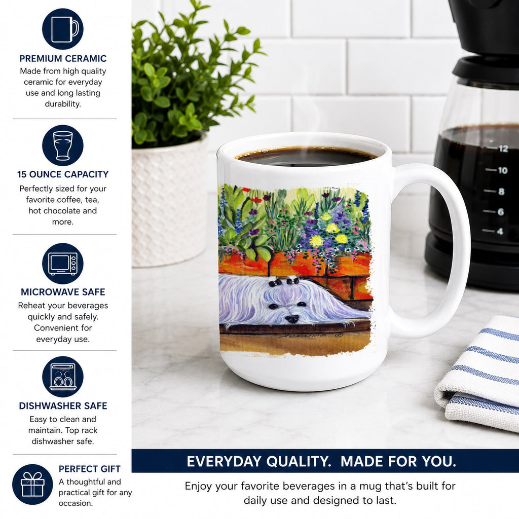 Maltese Ceramic Coffee Mug 15 oz Decorative Large C Handle Mug Cup for Tea, Cocoa Hot Chocolate