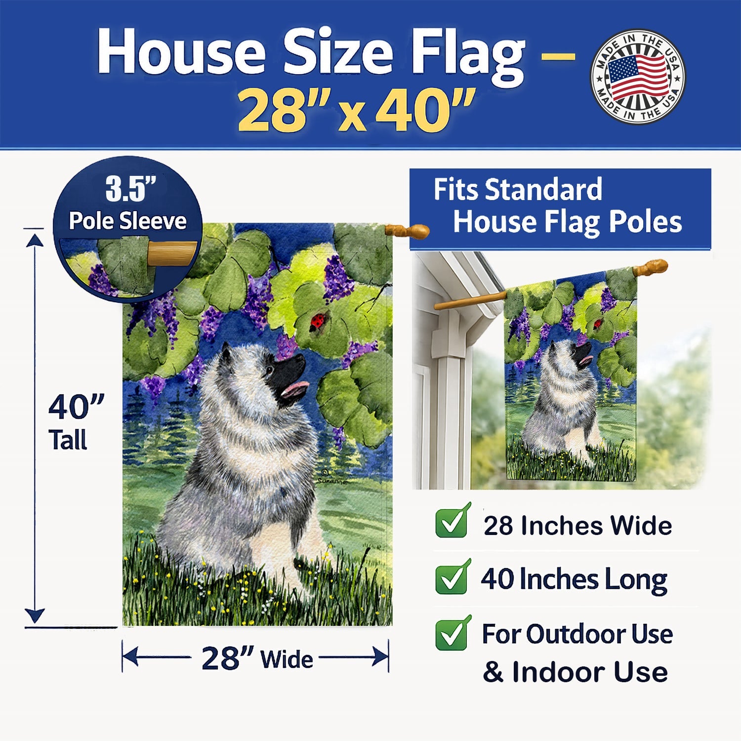 Keeshond House Flag 28x40 Porch Sleeve Pole Decorative Outside Yard Banner Artwork Wall Hanging, Polyester