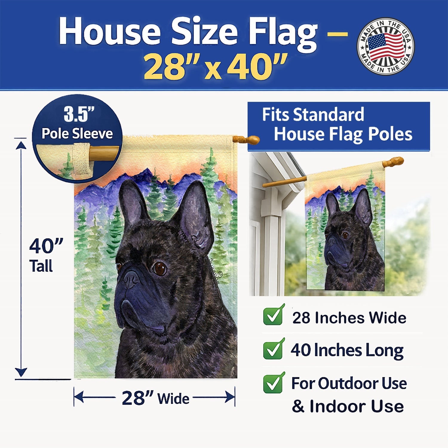 French Bulldog House Flag 28x40 Porch Sleeve Pole Decorative Outside Yard Banner Artwork Wall Hanging, Polyester