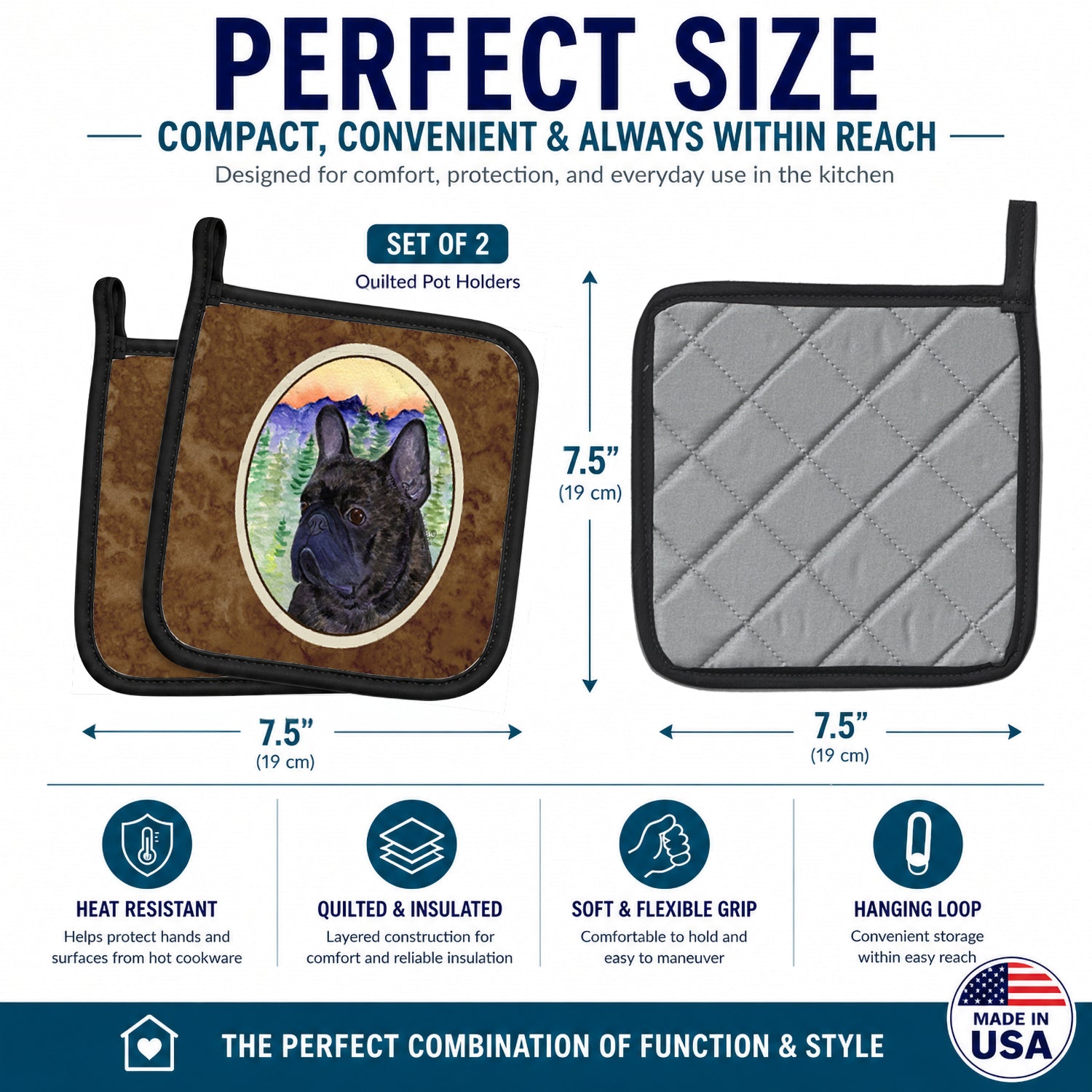 French Bulldog Pot Holder Set of 2 Heat Resistant Quilted Hot Pads 7.5 x 7.5 Inch, Insulated Kitchen Trivets for Cooking & Baking