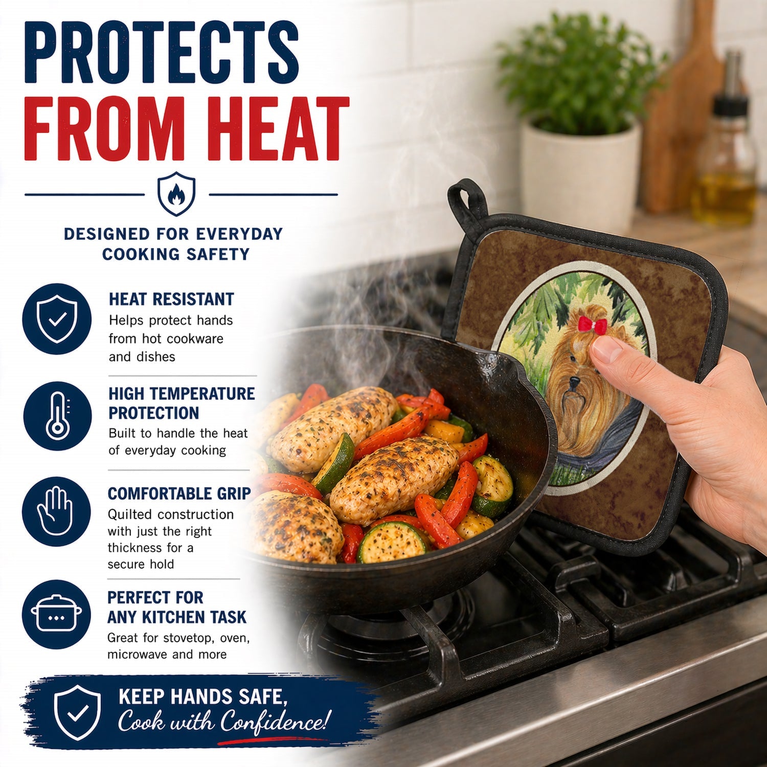 Yorkie Pot Holder Set of 2 Heat Resistant Quilted Hot Pads 7.5 x 7.5 Inch, Insulated Kitchen Trivets for Cooking & Baking