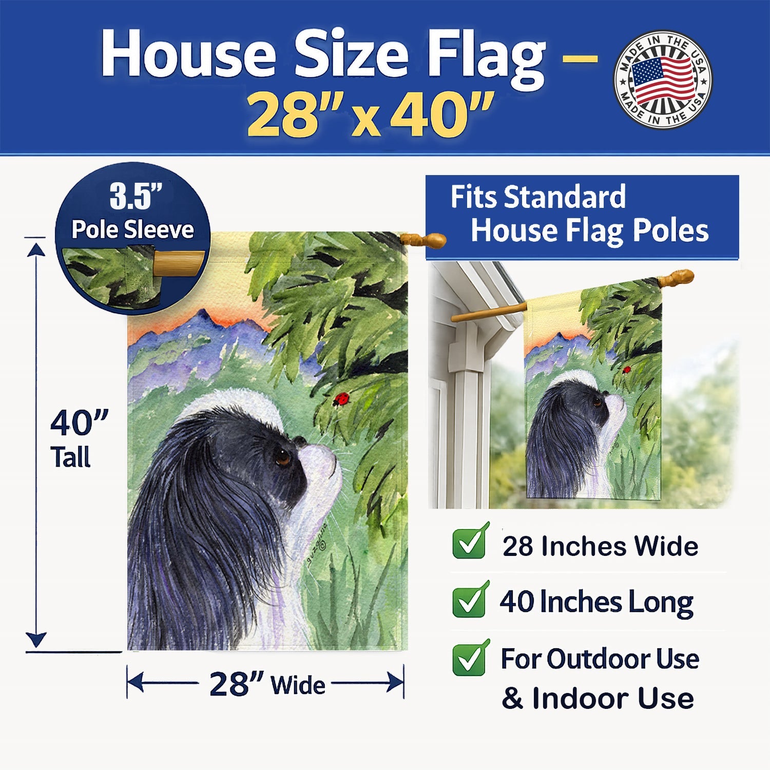 Japanese Chin House Flag 28x40 Porch Sleeve Pole Decorative Outside Yard Banner Artwork Wall Hanging, Polyester