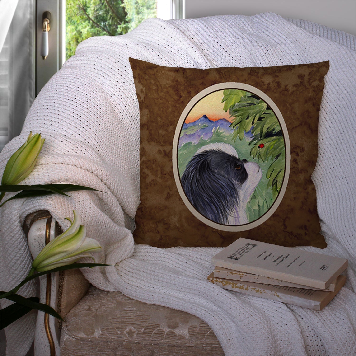 Japanese Chin Decorative Throw Pillow 14x14 Indoor Outdoor Accent Cushion, Fabric Cover with Insert for Sofa, Bed, Porch & Living Room