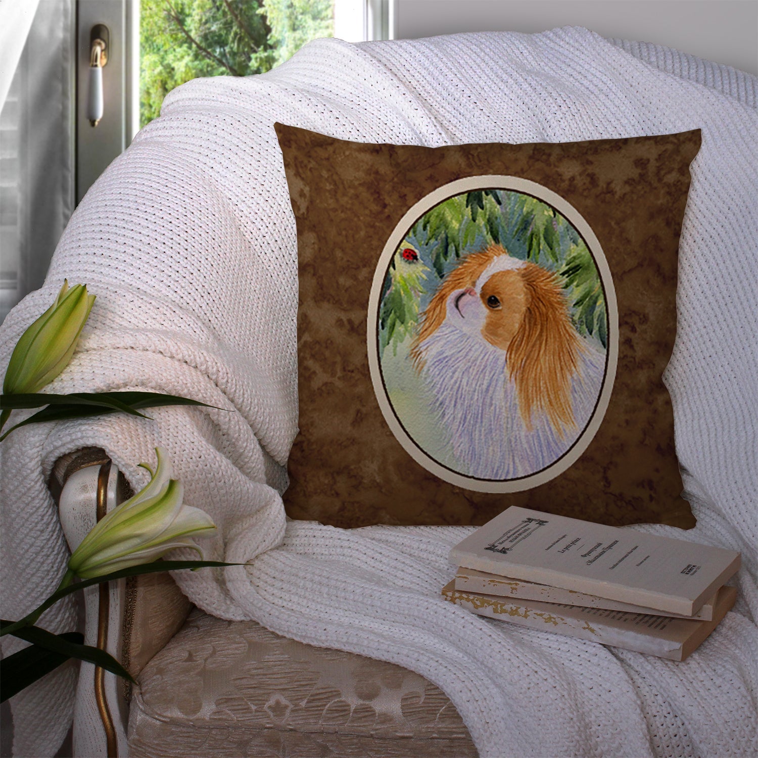 Japanese Chin Decorative Throw Pillow 14x14 Indoor Outdoor Accent Cushion, Fabric Cover with Insert for Sofa, Bed, Porch & Living Room