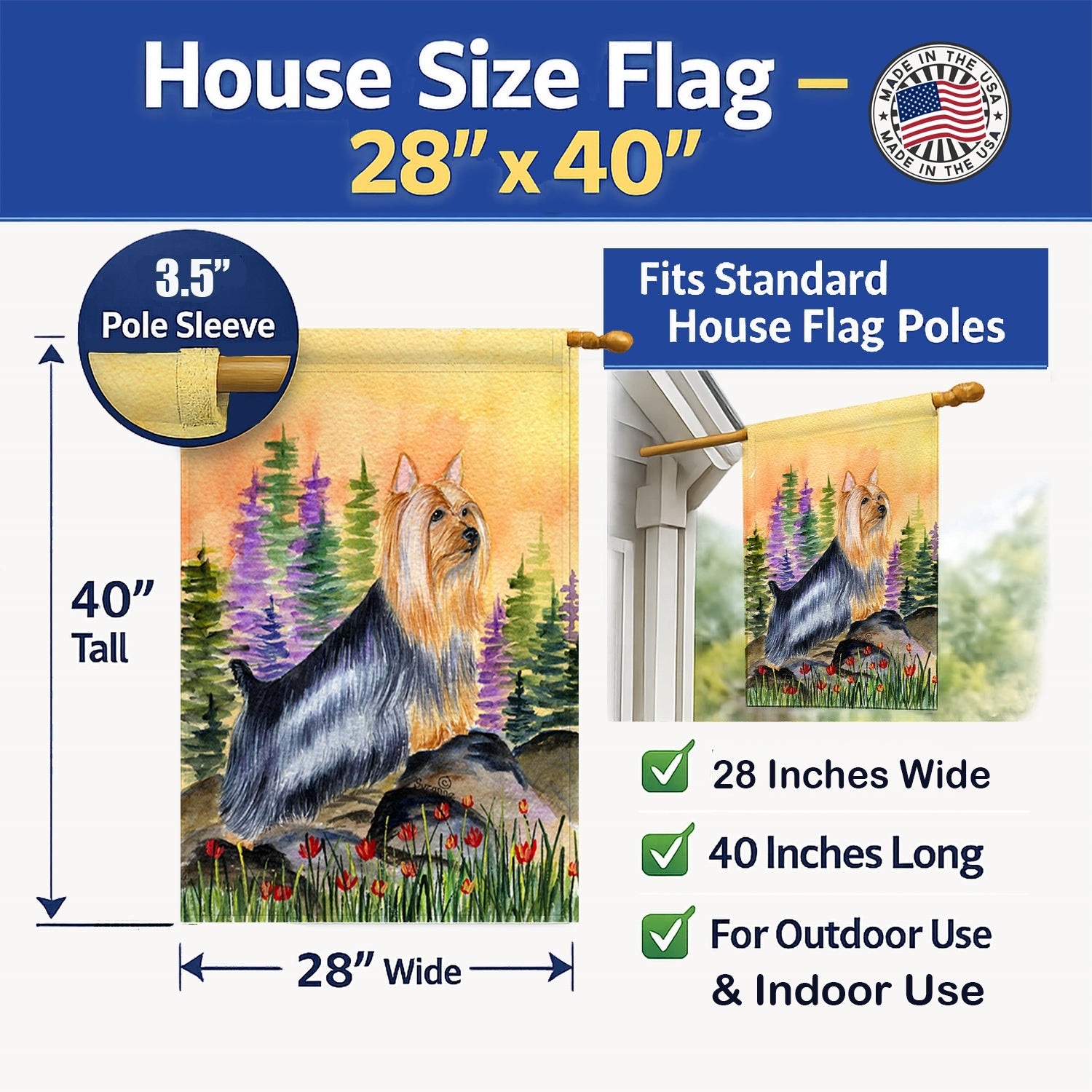 Silky Terrier House Flag 28x40 Porch Sleeve Pole Decorative Outside Yard Banner Artwork Wall Hanging, Polyester