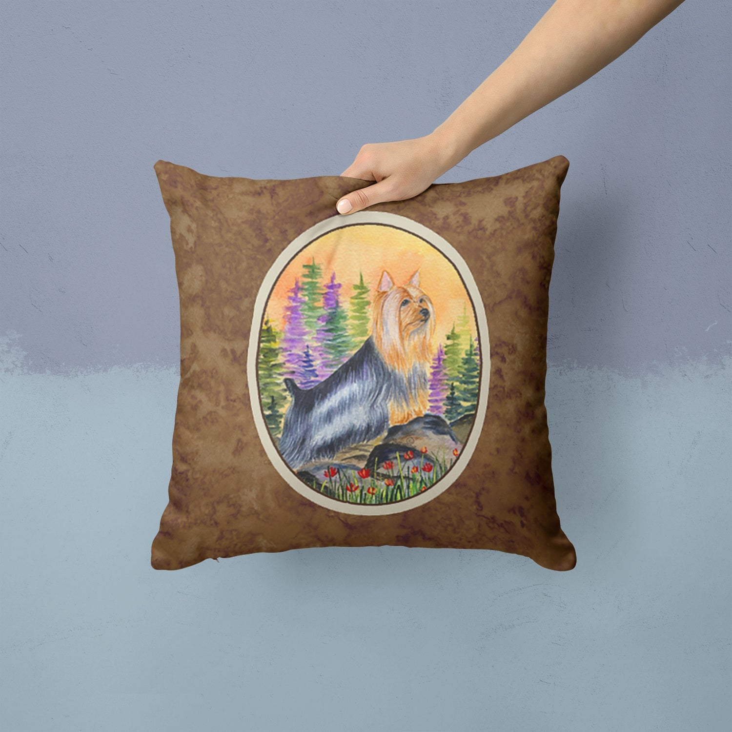 Silky Terrier Decorative Throw Pillow 14x14 Indoor Outdoor Accent Cushion, Fabric Cover with Insert for Sofa, Bed, Porch & Living Room