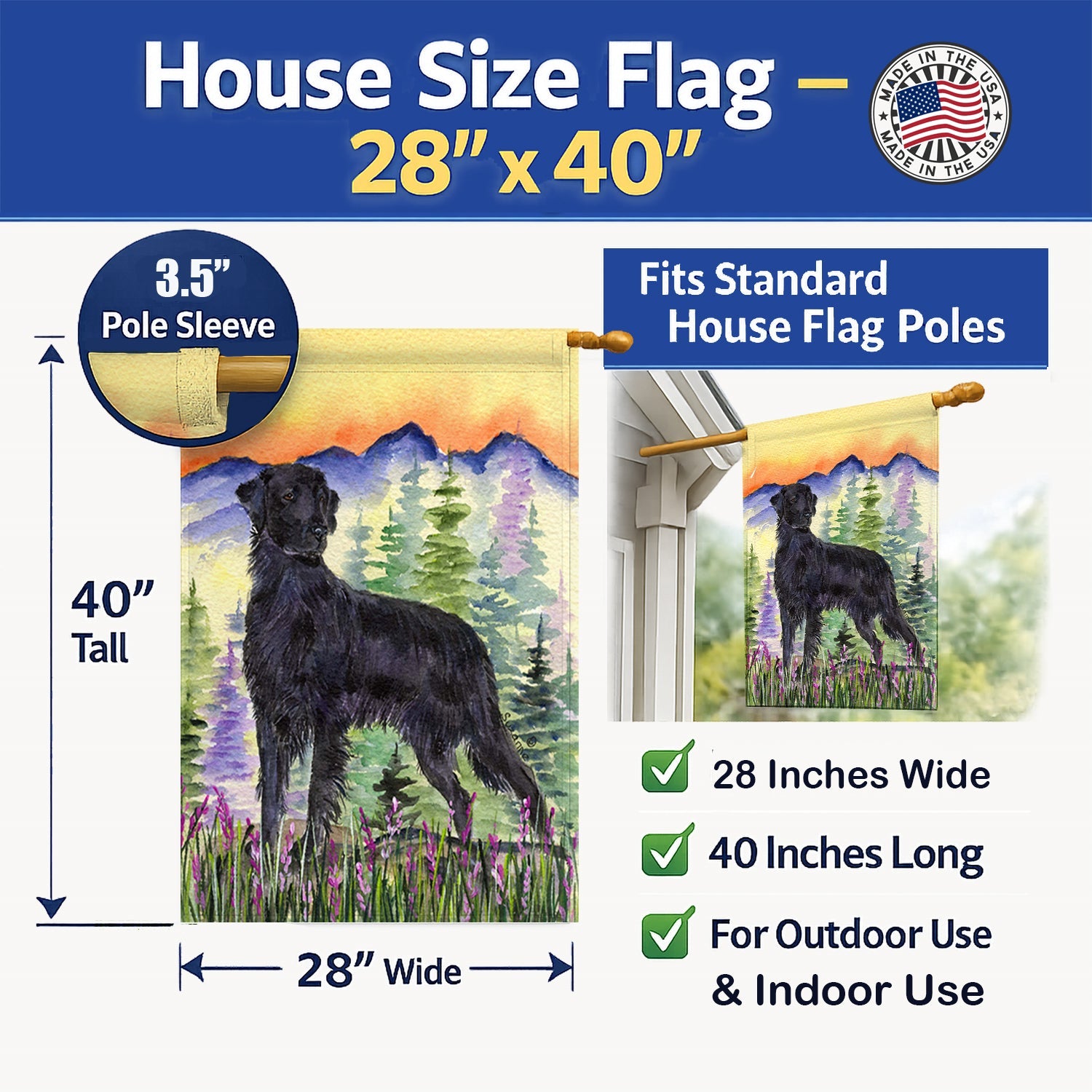 Flat Coated Retriever House Flag 28x40 Porch Sleeve Pole Decorative Outside Yard Banner Artwork Wall Hanging, Polyester