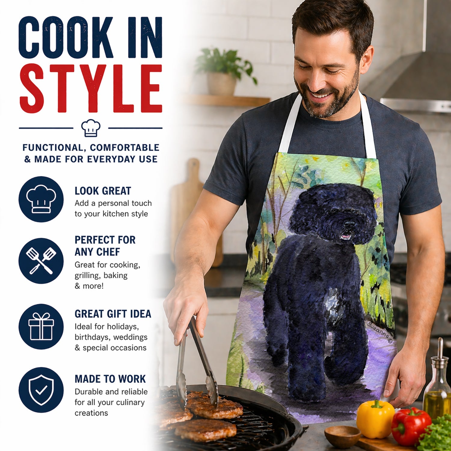 Portuguese Water Dog Apron Cooking Kitchen Server Baking Crafts Gardening for Adult Women Men, Unisex, Large, Multicolor