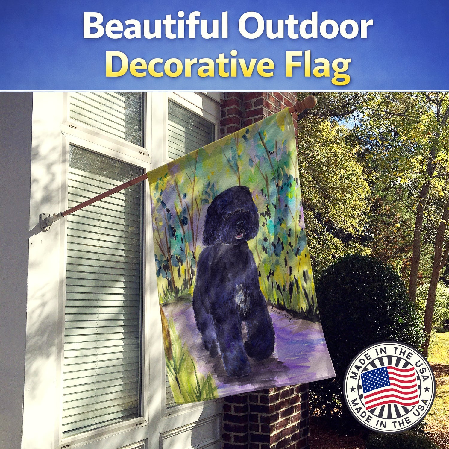 Portuguese Water Dog House Flag 28x40 Porch Sleeve Pole Decorative Outside Yard Banner Artwork Wall Hanging, Polyester