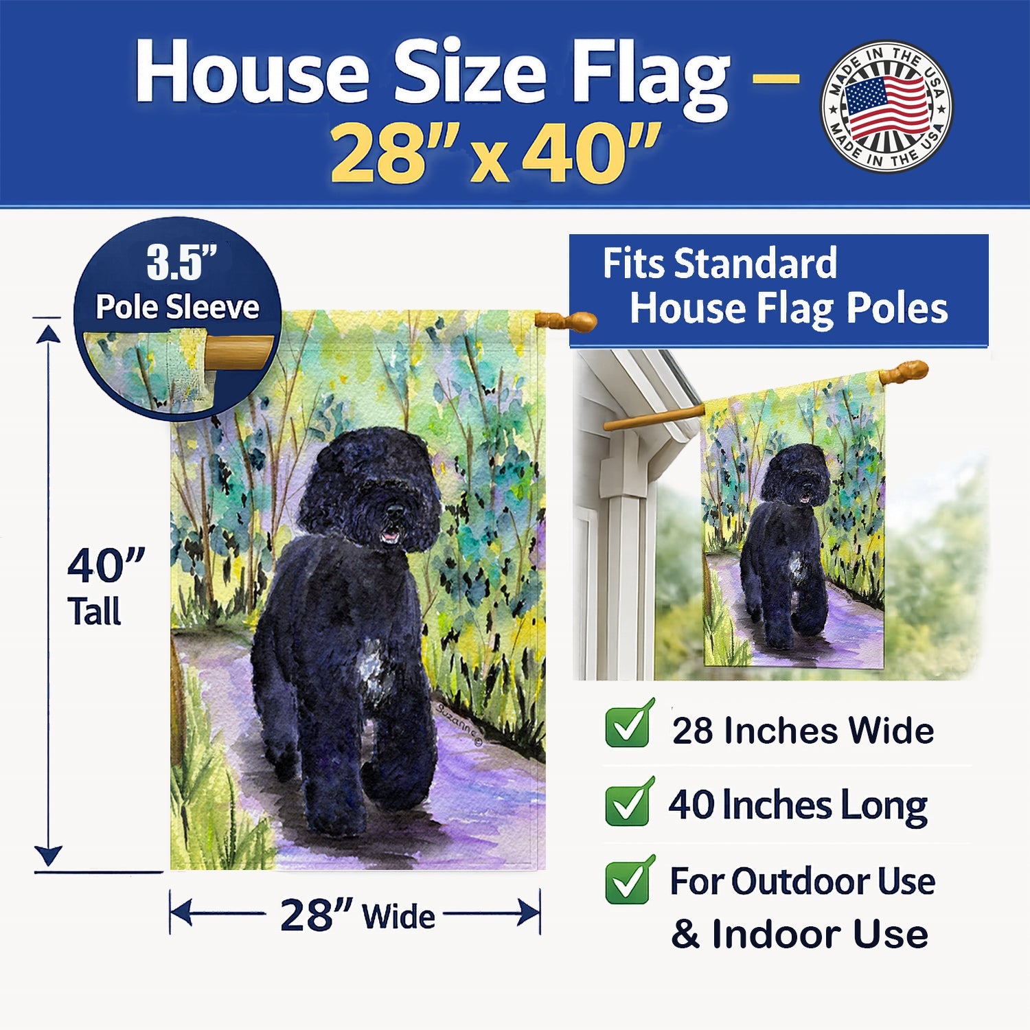 Portuguese Water Dog House Flag 28x40 Porch Sleeve Pole Decorative Outside Yard Banner Artwork Wall Hanging, Polyester