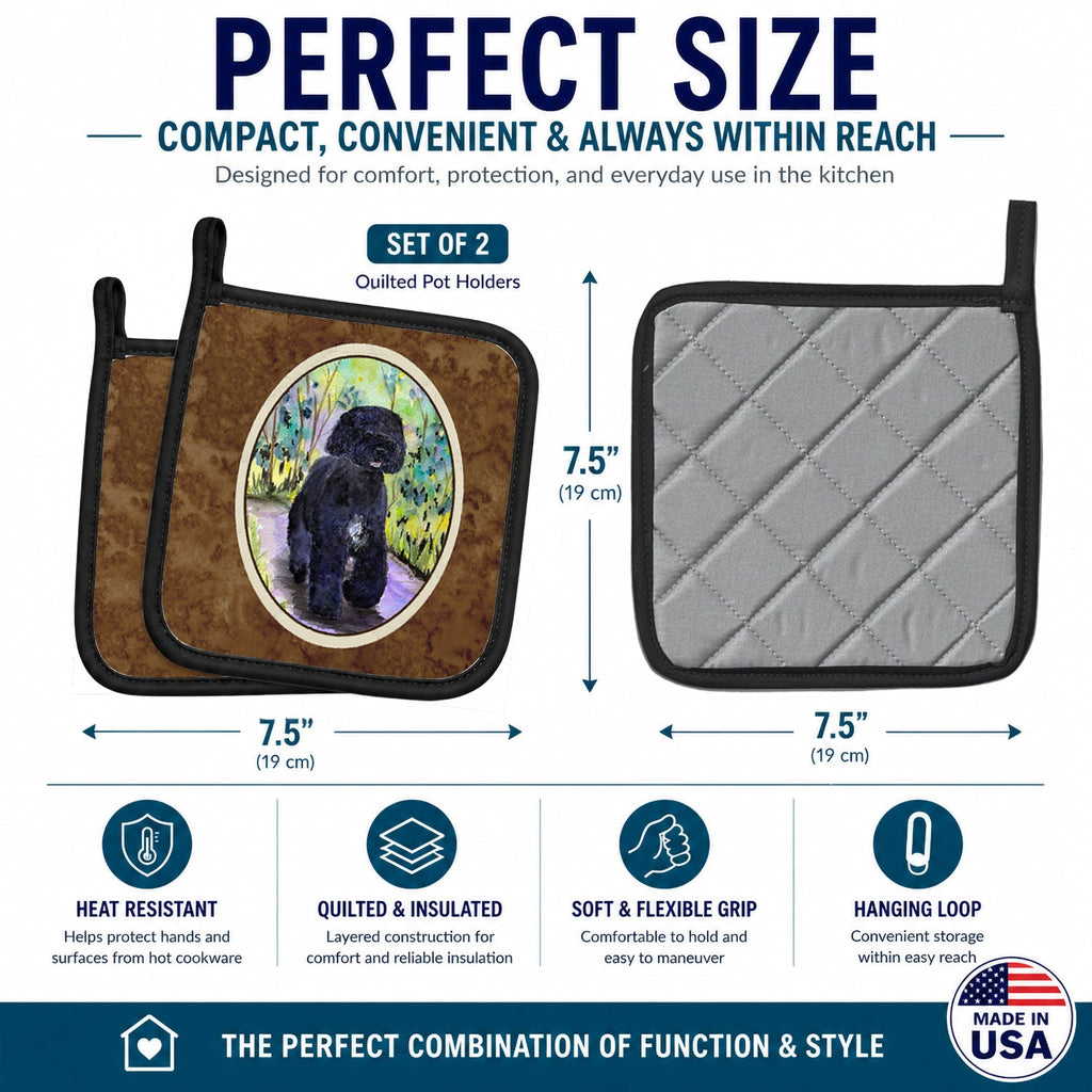 Portuguese Water Dog Pot Holder Set of 2 Heat Resistant Quilted Hot Pads 7.5 x 7.5 Inch, Insulated Kitchen Trivets for Cooking & Baking