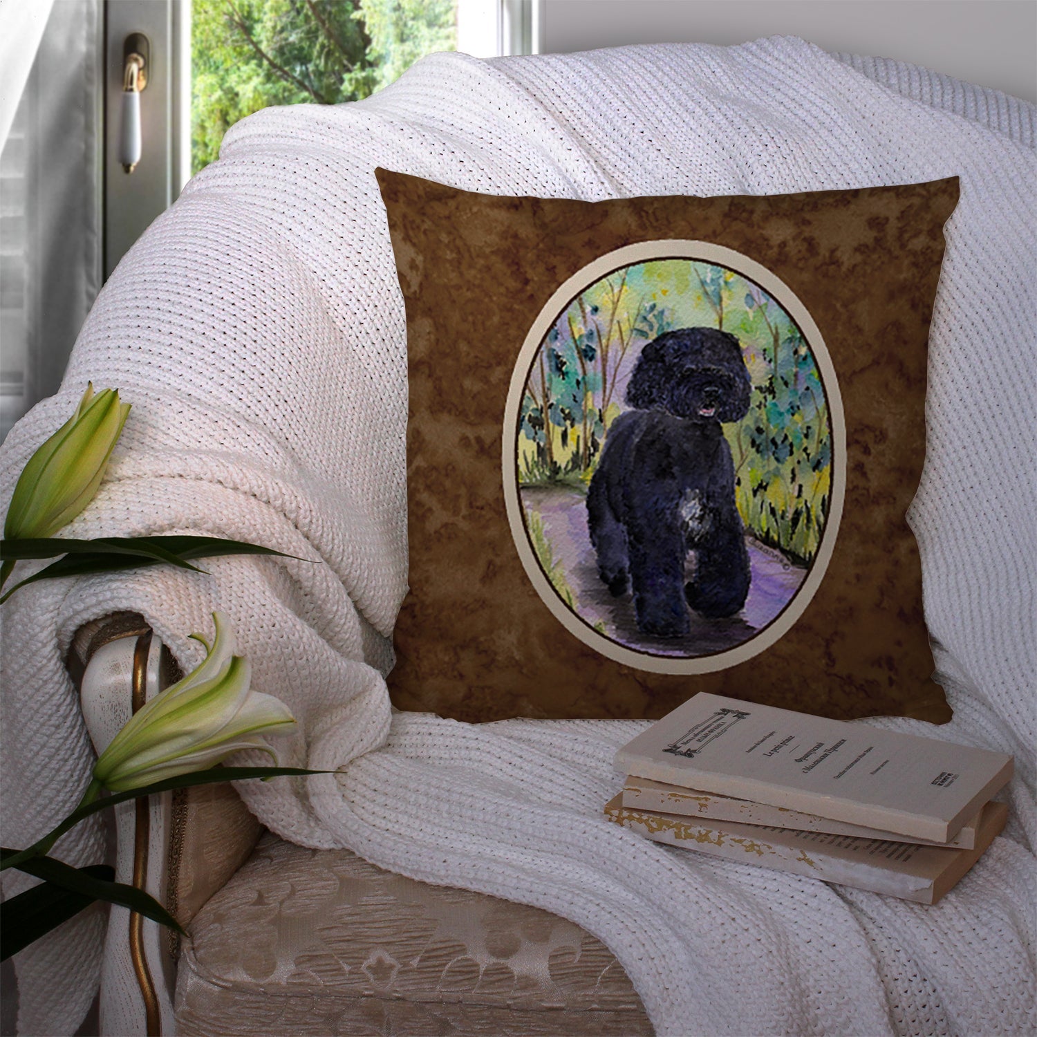 Portuguese Water Dog Decorative Throw Pillow 14x14 Indoor Outdoor Accent Cushion, Fabric Cover with Insert for Sofa, Bed, Porch & Living Room