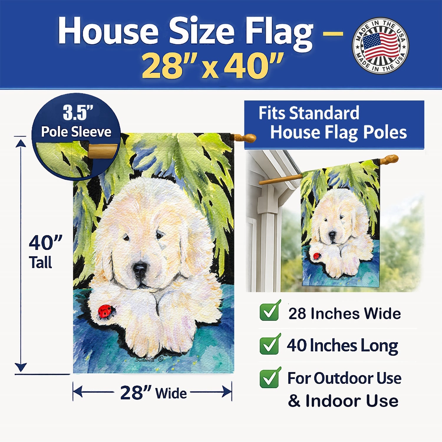Golden Retriever House Flag 28x40 Porch Sleeve Pole Decorative Outside Yard Banner Artwork Wall Hanging, Polyester
