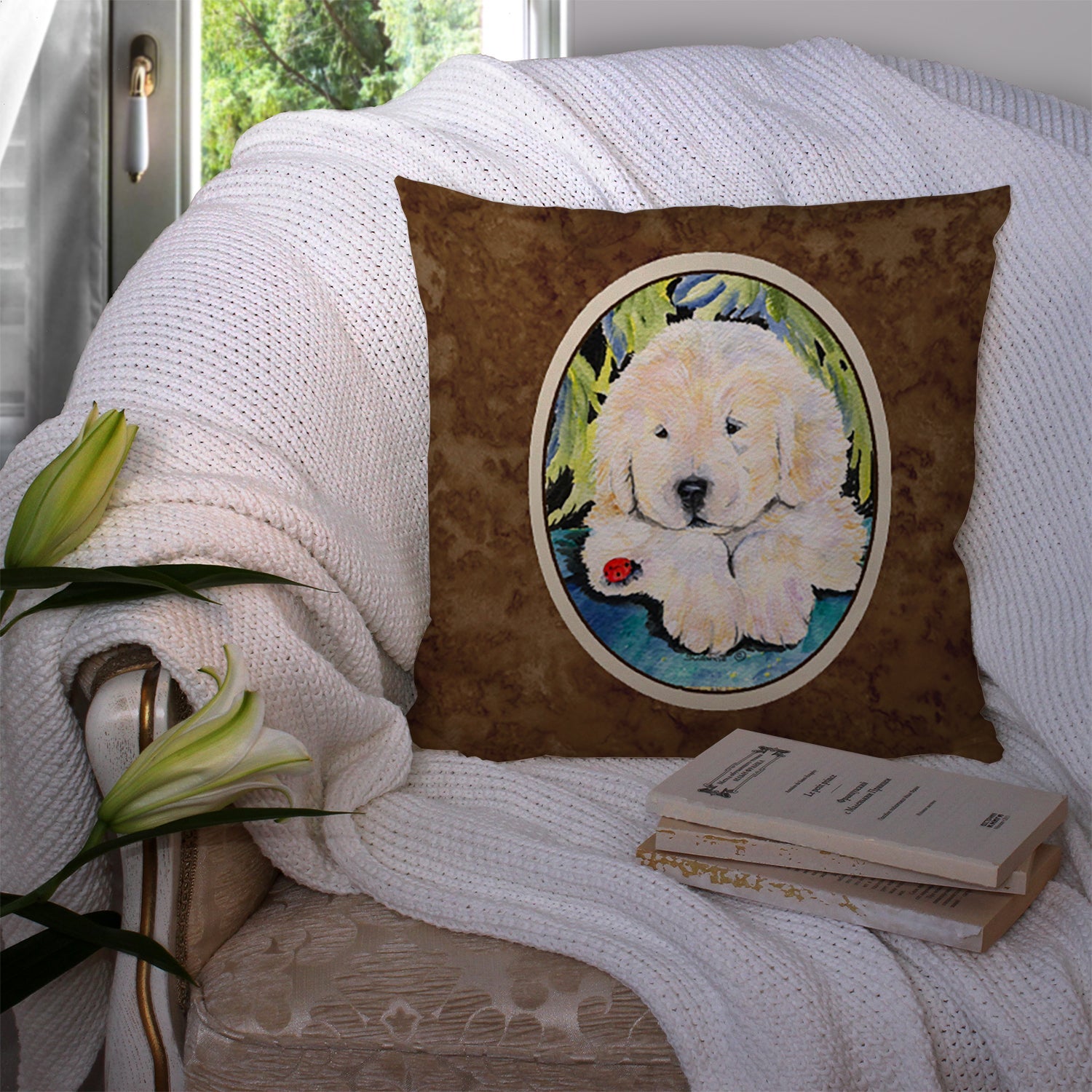 Golden Retriever Decorative Throw Pillow 14x14 Indoor Outdoor Accent Cushion, Fabric Cover with Insert for Sofa, Bed, Porch & Living Room