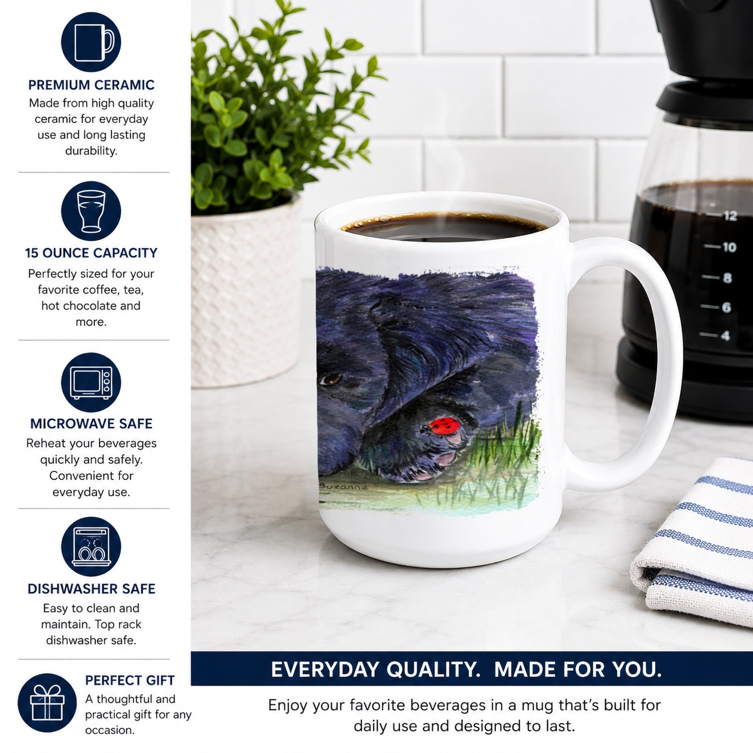Newfoundland Ceramic Coffee Mug 15 oz Decorative Large C Handle Mug Cup for Tea, Cocoa Hot Chocolate