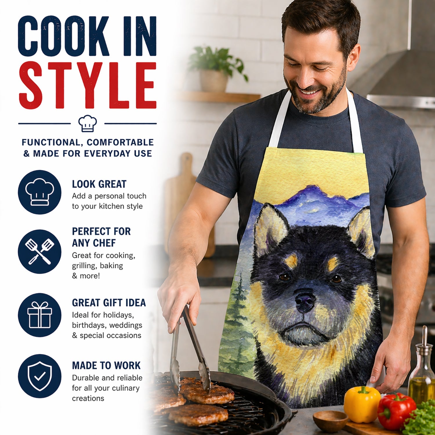 Shiba Inu Apron Cooking Kitchen Server Baking Crafts Gardening for Adult Women Men, Unisex, Large, Multicolor
