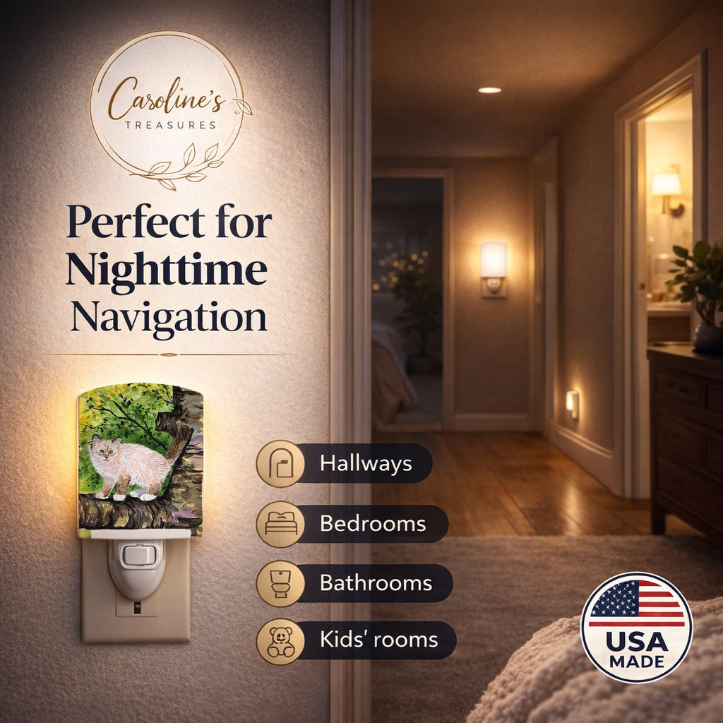 Cat - Birman Ceramic Night Light Compact, UL-Certified, Ideal for Bedroom, Bathroom, Nursery, Hallway, Kitchen, 6x4x3, Multicolor