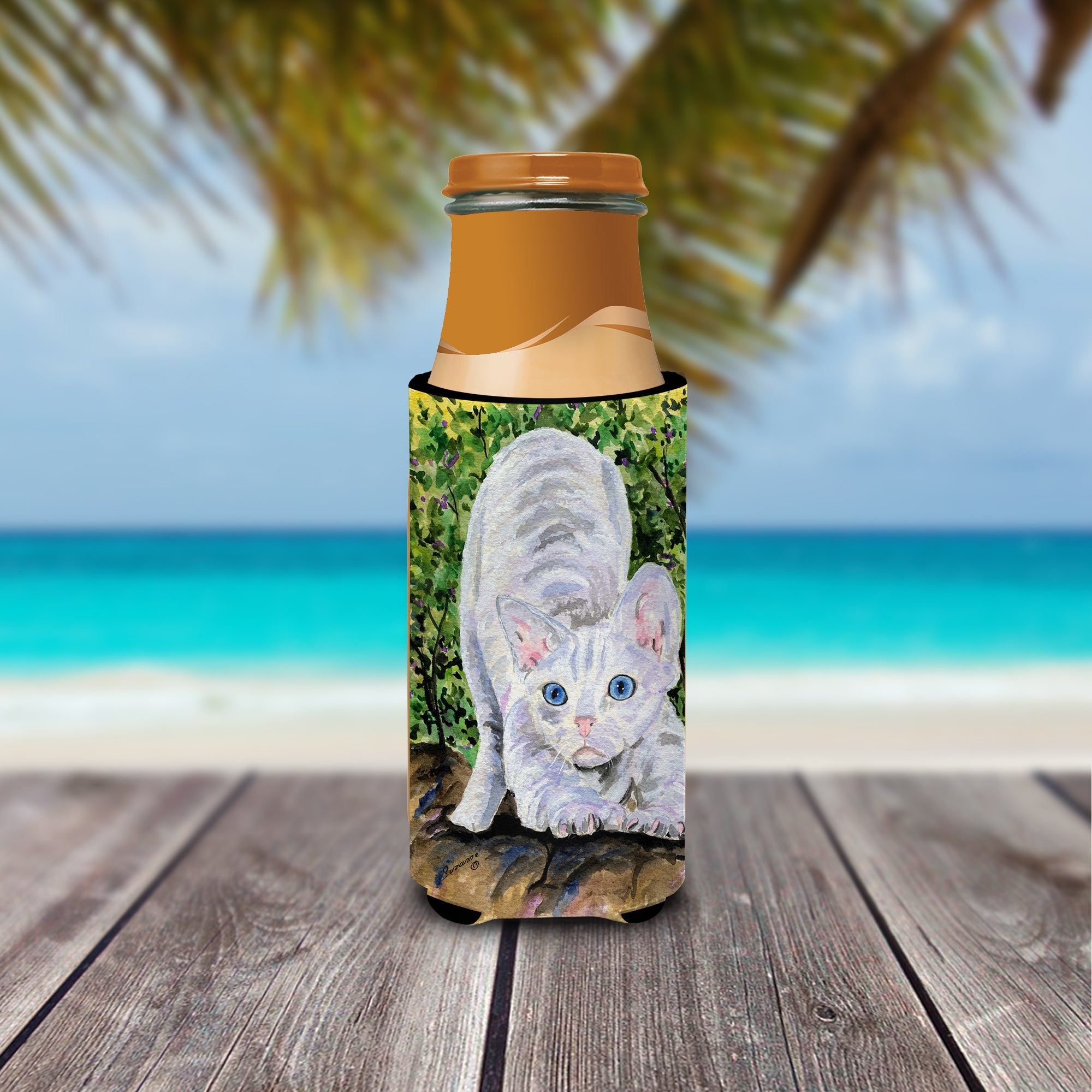 Cat - Devon Rex Slim Can Hugger , Insulated Foam Hugger for 12 oz Slim Cans, Beer Bottles & Water Bottles, Printed in USA